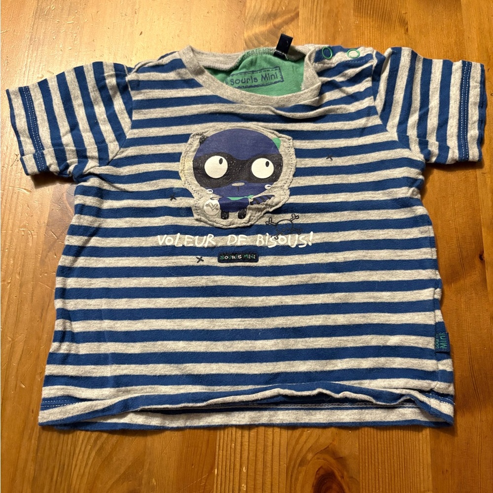 NWOT! Blue and Gray striped Short Sleeve Tee with Cartoon raccoon